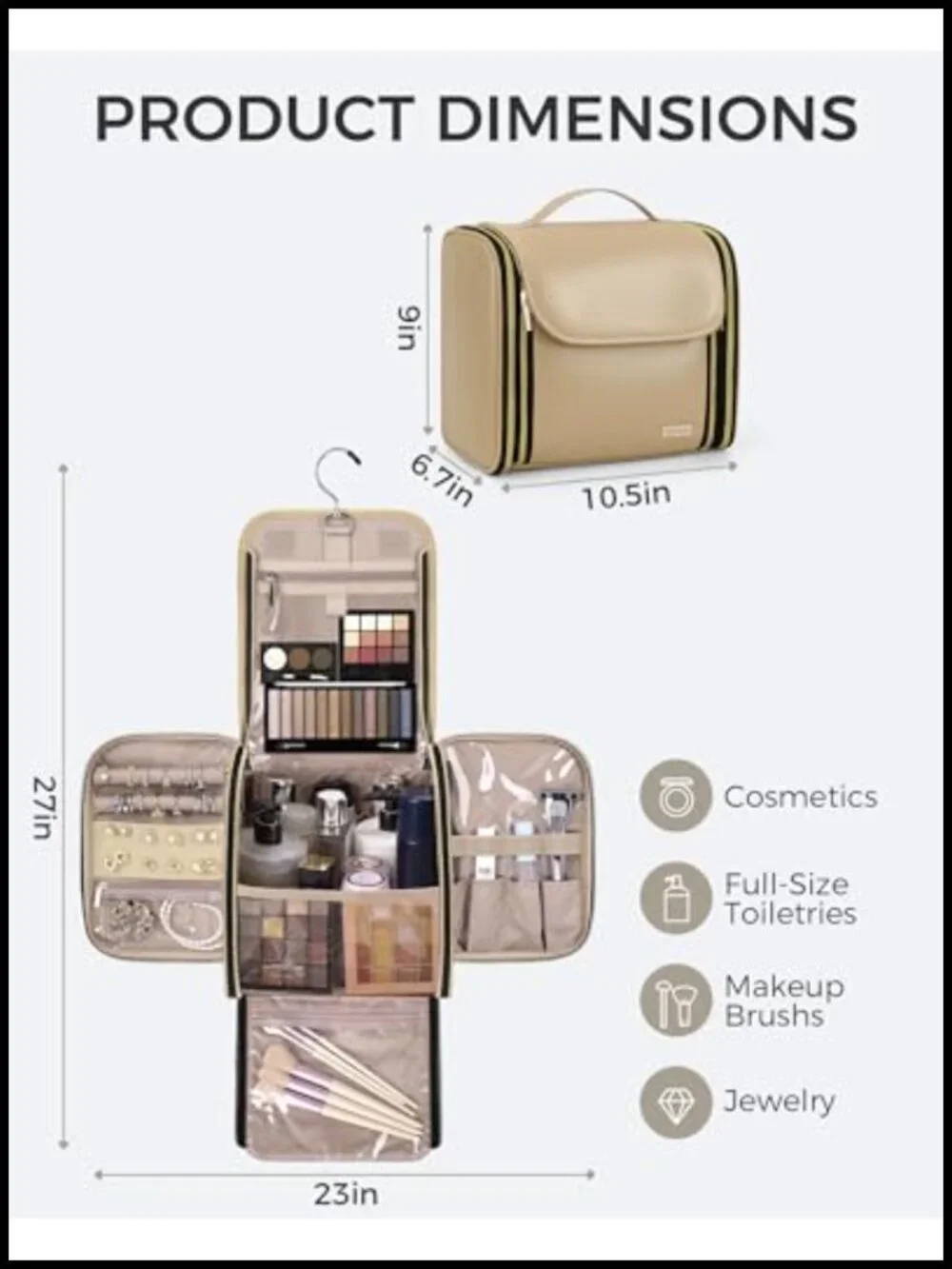 Large PU Leather Expandable Hanging Toiletry Bag with Jewelry Organizer